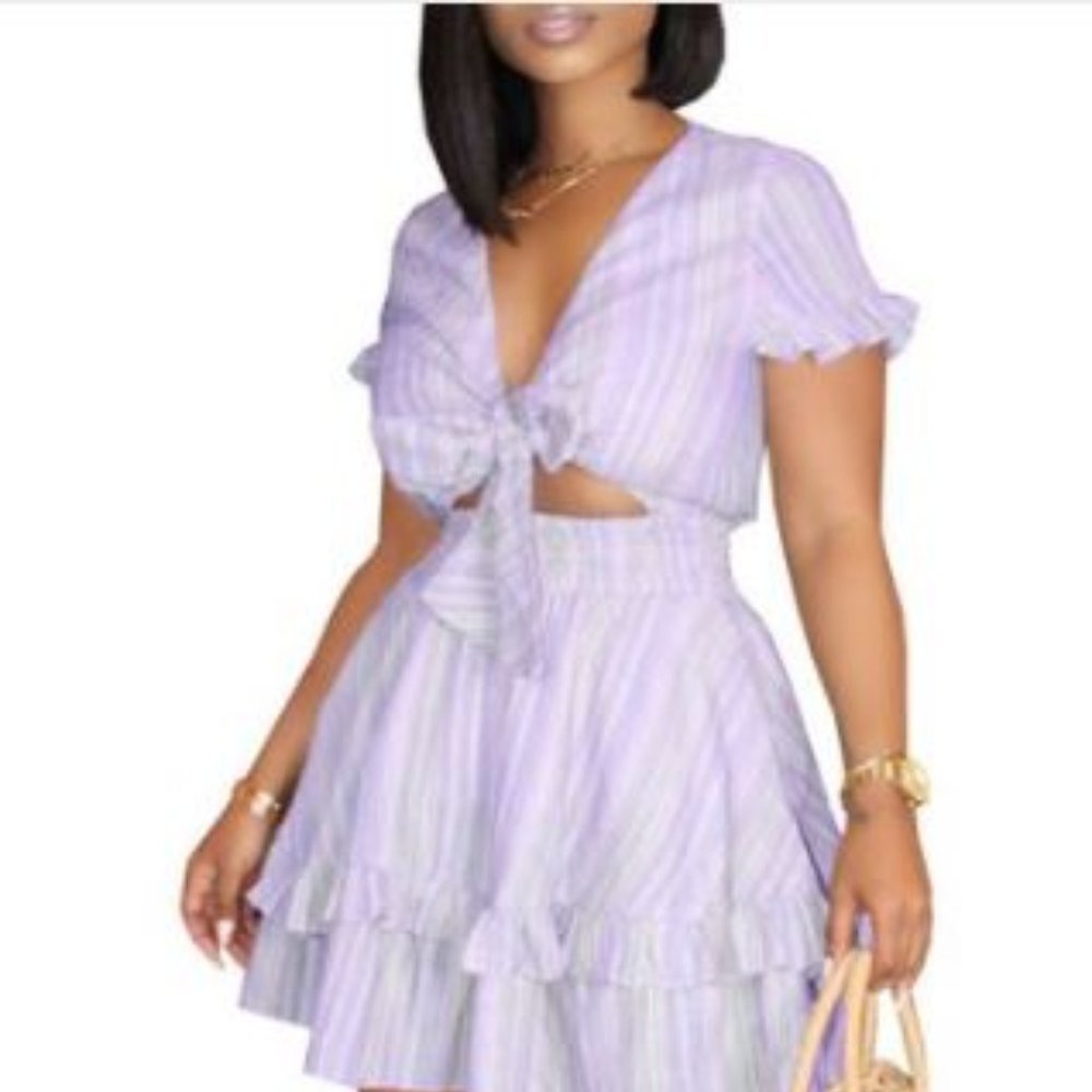 Purple Striped Tie Front Ruffles Dress
